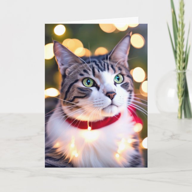 Tabby Cat In Holiday Lights Card (Front)