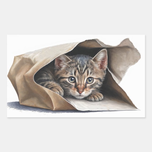 Tabby Cat In Paper Bag Rectangular Sticker (Front)