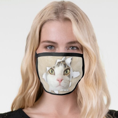 tabby cat  in paper hole face mask