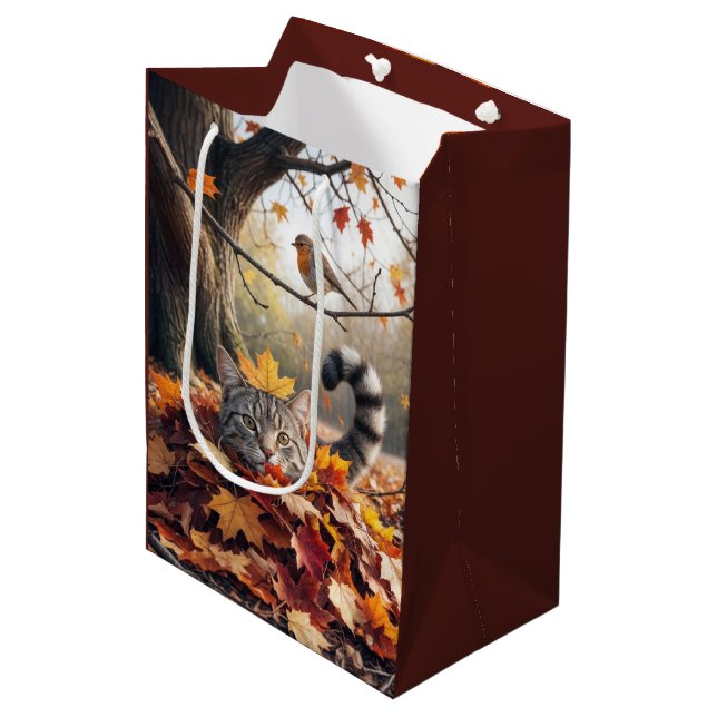 Tabby Cat In Pile of Fall Leaves Medium Gift Bag (Front Angled)