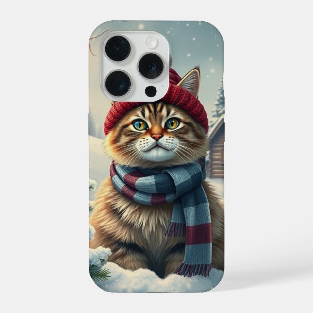 Tabby Cat in Preppy Winter Attire and Hat iPhone Case (Back)
