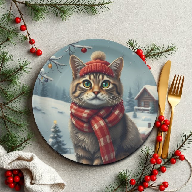 Tabby Cat in Preppy Winter Attire and Hat   Paper Plates (Creator Uploaded)