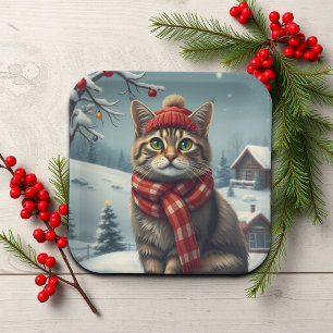 Tabby Cat in Preppy Winter Attire and Hat Paper Plates