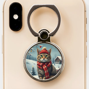 Tabby Cat in Preppy Winter Attire and Hat Phone Ring Stand