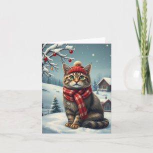 Tabby Cat in Preppy Winter Attire and Hat Winter Card