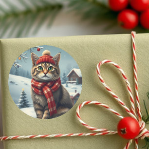 Tabby Cat in Preppy Winter Attire and Hat Winter Classic Round Sticker
