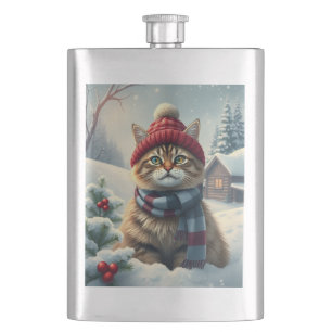 Tabby Cat in Preppy Winter Attire and Hat Winter Flask
