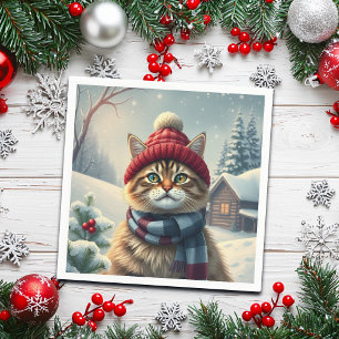 Tabby Cat in Preppy Winter Attire and Hat Winter Napkins