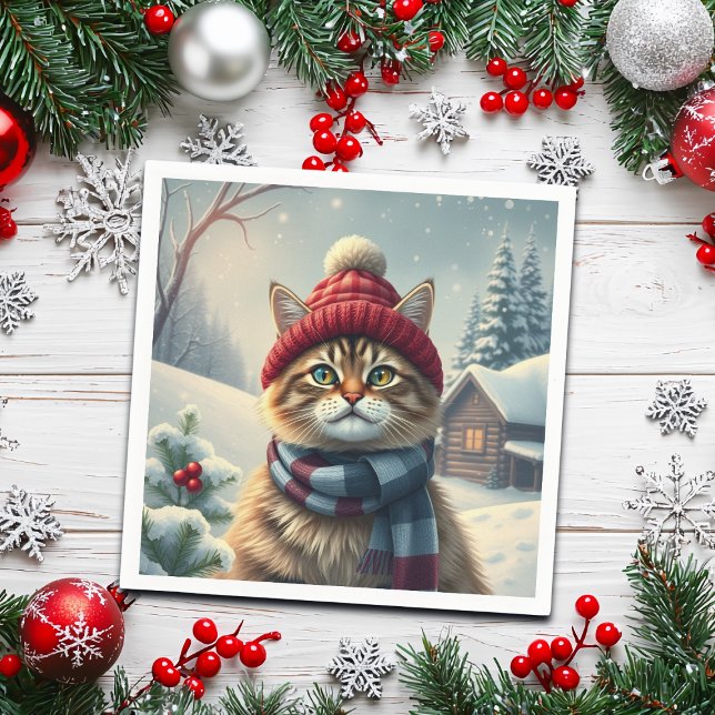 Tabby Cat in Preppy Winter Attire and Hat Winter Napkins (Creator Uploaded)