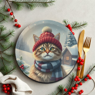 Tabby Cat in Preppy Winter Attire and Hat Winter Paper Plates