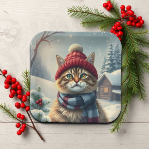Tabby Cat in Preppy Winter Attire and Hat Winter Paper Plates