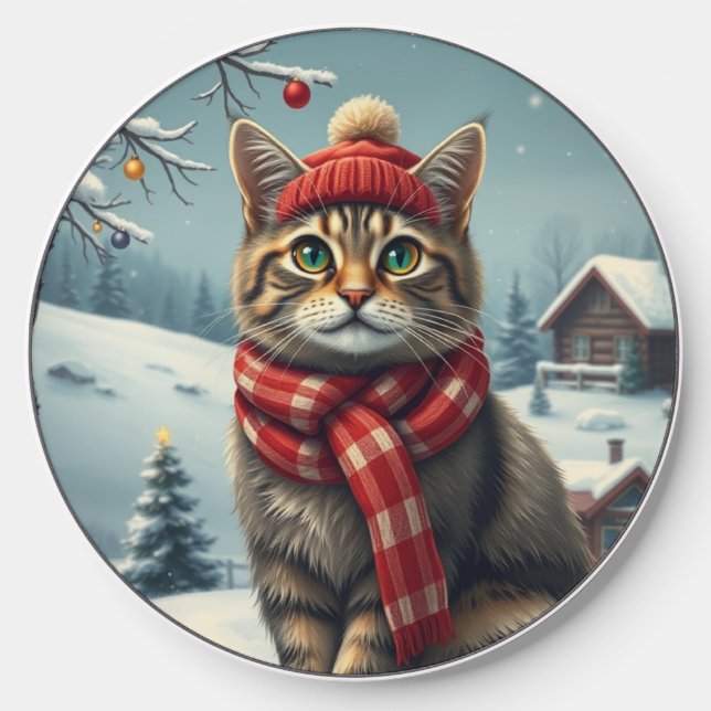 Tabby Cat in Preppy Winter Attire and Hat   Wireless Charger (Front)