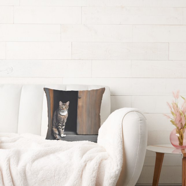 Tabby Cat in Shed Doorway Throw Pillow (Couch)