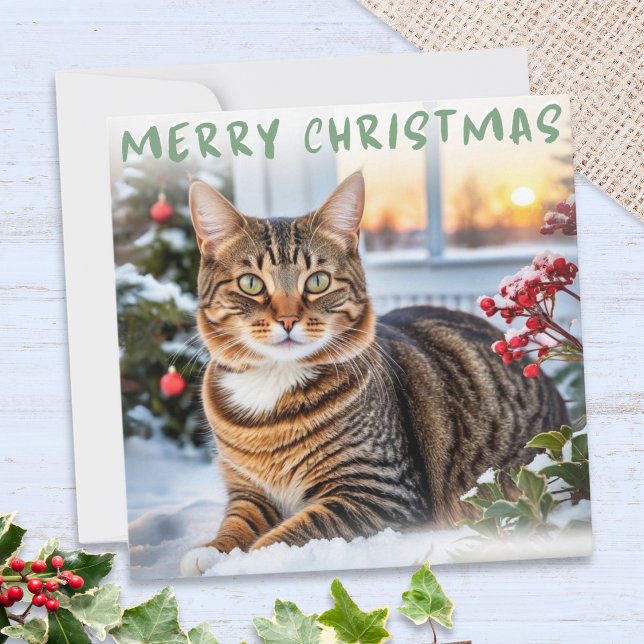 Tabby Cat In Snow Elegant Merry Christmas Holiday Card (A Christmas card featuring a cute tabby cat in the snow, with ivy, Christmas tree and red berries
)