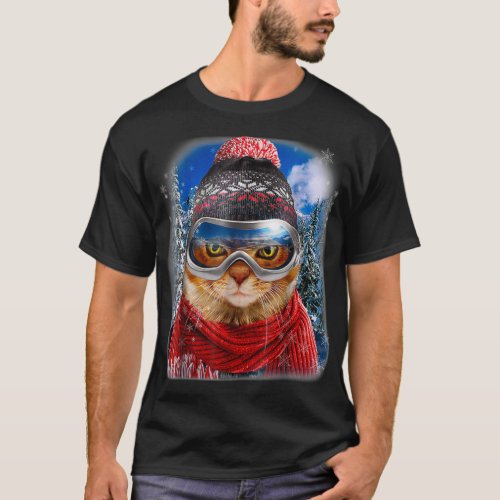 Tabby Cat in Winter Ski Snowboarding Sport Wear  T_Shirt