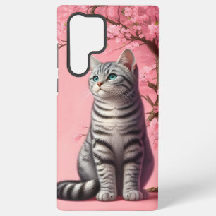 Tabby Cat Japanese Cherry Blossom Flower Kitten Samsung Galaxy S22 Ultra Case