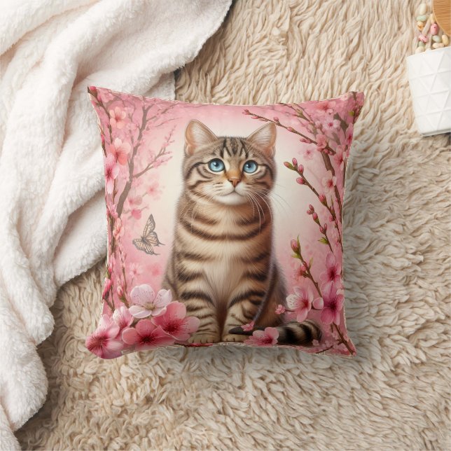 Tabby Cat Japanese Cherry Blossom Flower Kitten Throw Pillow (Blanket)