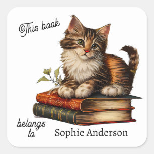 Tabby Cat Kitten 2 on Vintage Books Owners Square Sticker