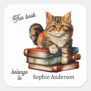Tabby Cat Kitten on Vintage Books Ownership Square Sticker