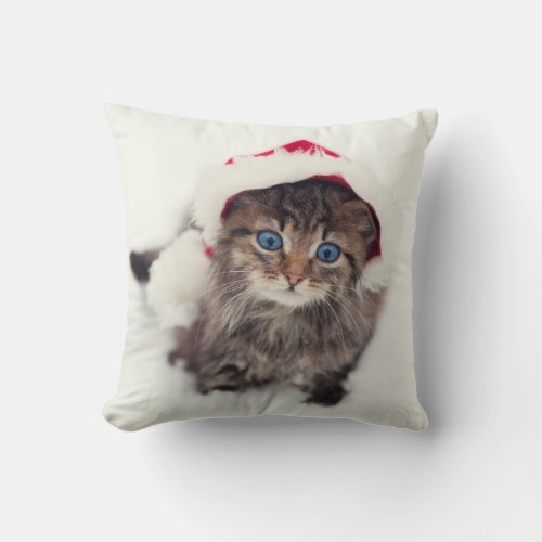 Tabby Cat Kitten Santa Hat Christmas Xmas Throw Pillow - Cute funny looking tabby cat kitten wearing Santa Claus hat on a snowy Christmas or Xmas background. Great for cat lovers for holiday decor.