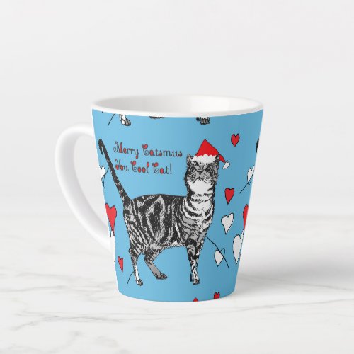 Tabby Cat Merry Blue Christmas Hearts Latte Mug