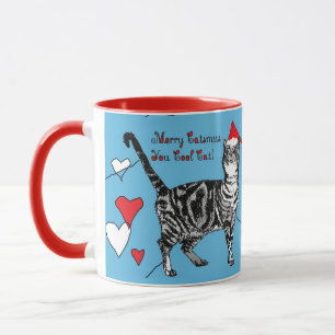 Tabby Cat Merry Blue Red Christmas Hearts Mug