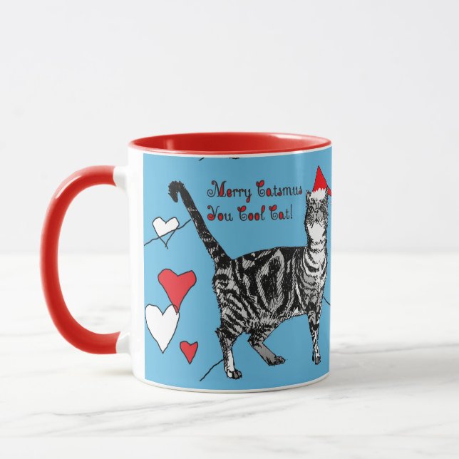 Tabby Cat Merry Blue Red Christmas Hearts Mug (Left)