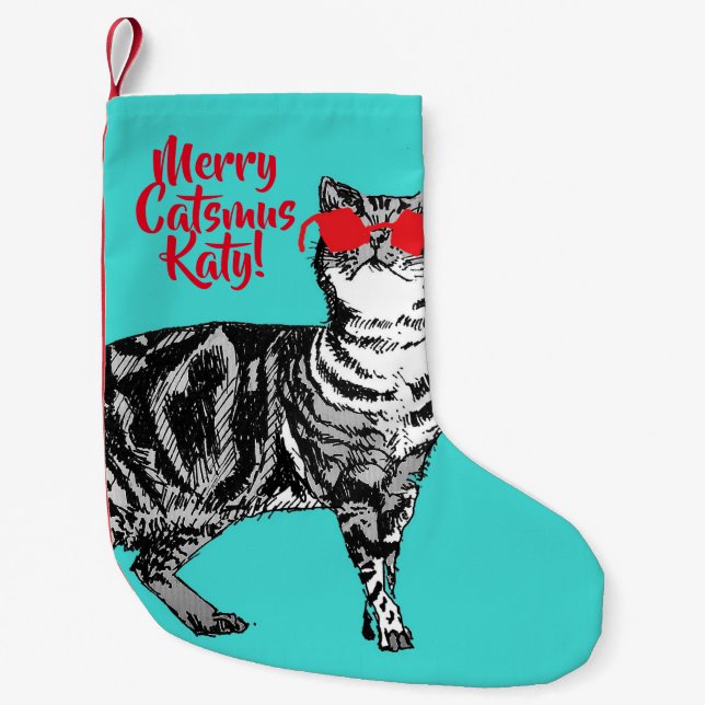 Tabby Cat Merry Catsmus Aqua Christmas Stocking (Front)