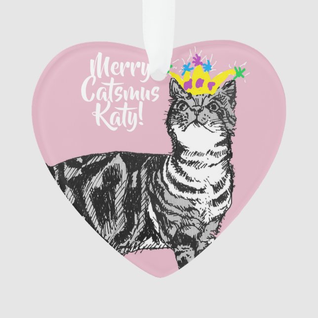 Tabby Cat Merry Catsmus Pink Christmas Decoration (Front)
