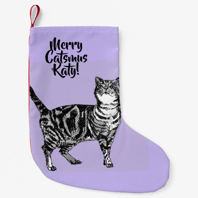 Tabby Cat Merry Catsmus Purple Christmas Stocking (Front)