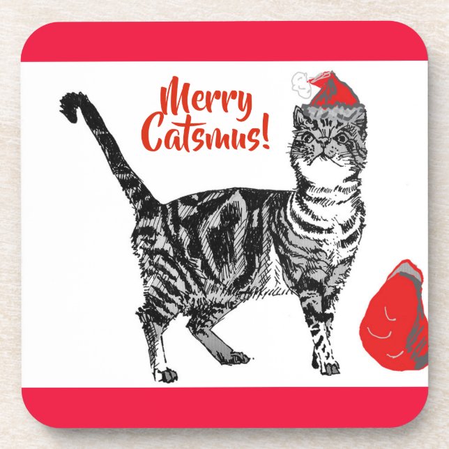 Tabby Cat Merry Catsmus Red Christmas Beverage Coaster (Front)