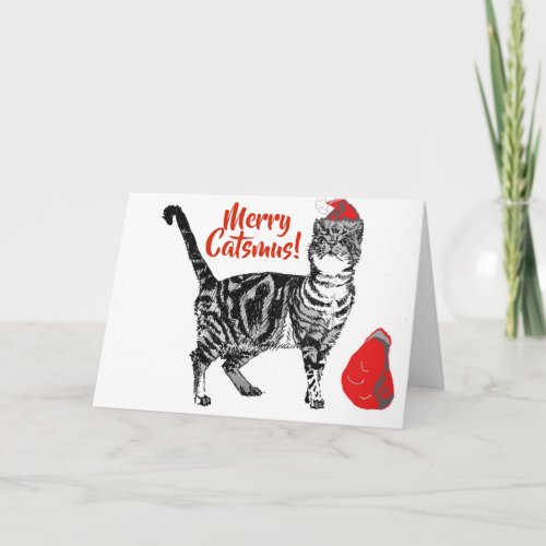 Tabby Cat Merry Catsmus red Christmas Card