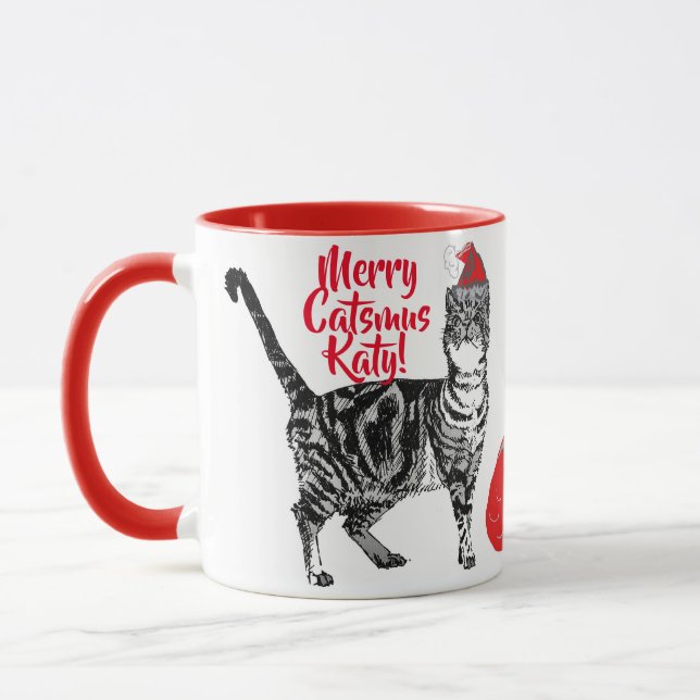 Tabby Cat Merry Catsmus Red Christmas Mug (Left)