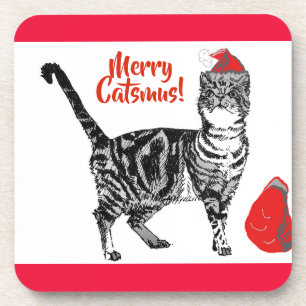 Tabby Cat Merry Christmas Catsmus Cushion Beverage Coaster