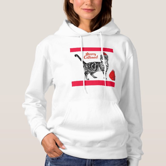 Tabby Cat Merry Christmas Catsmus Red Funny Cats Hoodie (Front)