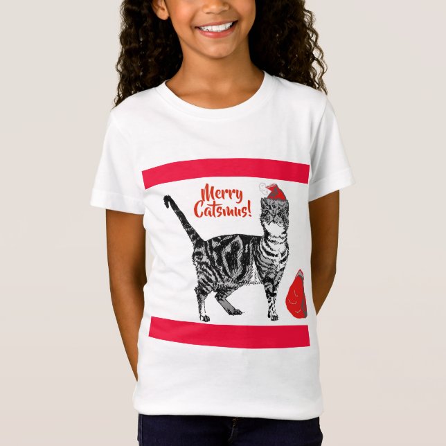 Tabby Cat Merry Christmas Catsmus Red Funny Cats T-Shirt (Front)