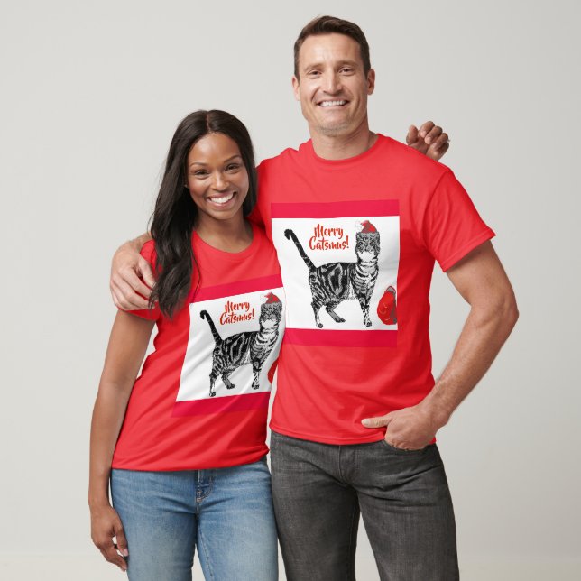 Tabby Cat Merry Christmas Catsmus Red Funny Cats T-Shirt (Unisex)