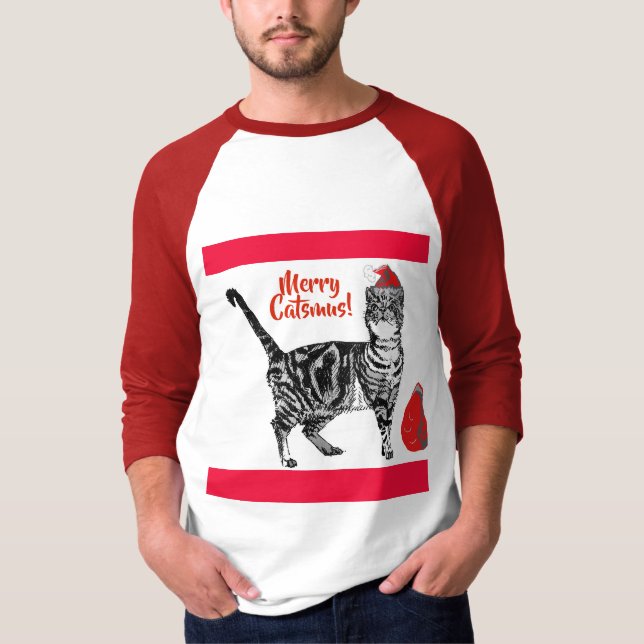 Tabby Cat Merry Christmas Catsmus Red Funny Cats T T-Shirt (Front)