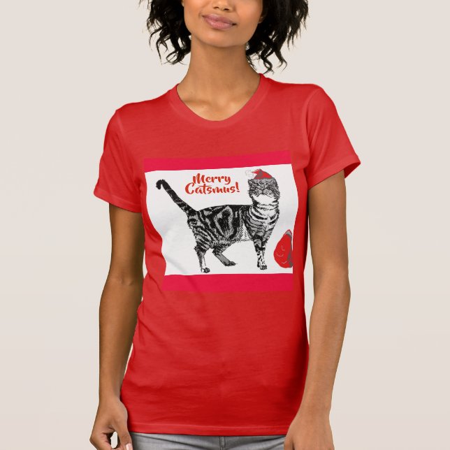 Tabby Cat Merry Christmas Catsmus Red Funny Cats T T-Shirt (Front)