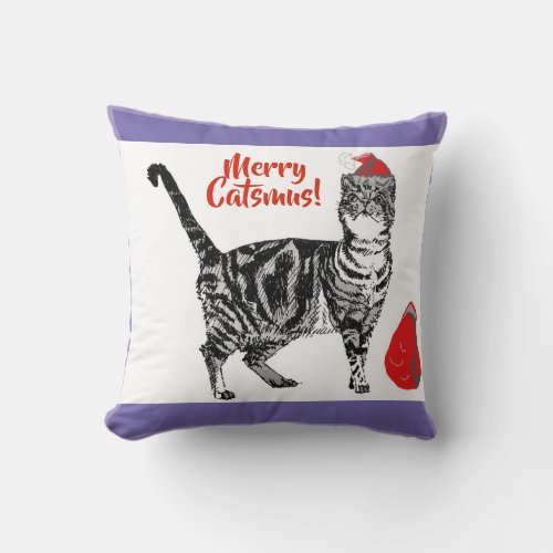Tabby Cat Merry Christmas Catsmus Red Funny Cats Throw Pillow