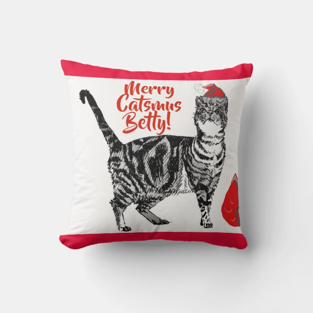 Tabby Cat Merry Christmas Girls Name Cushion (Front)