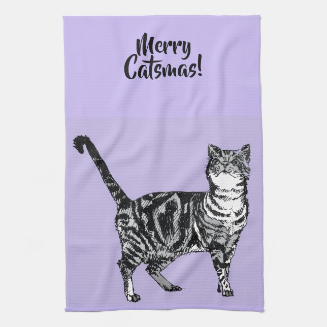 Tabby Cat Merry Christmas Purple Lavender Pastel Kitchen Towel (Vertical)