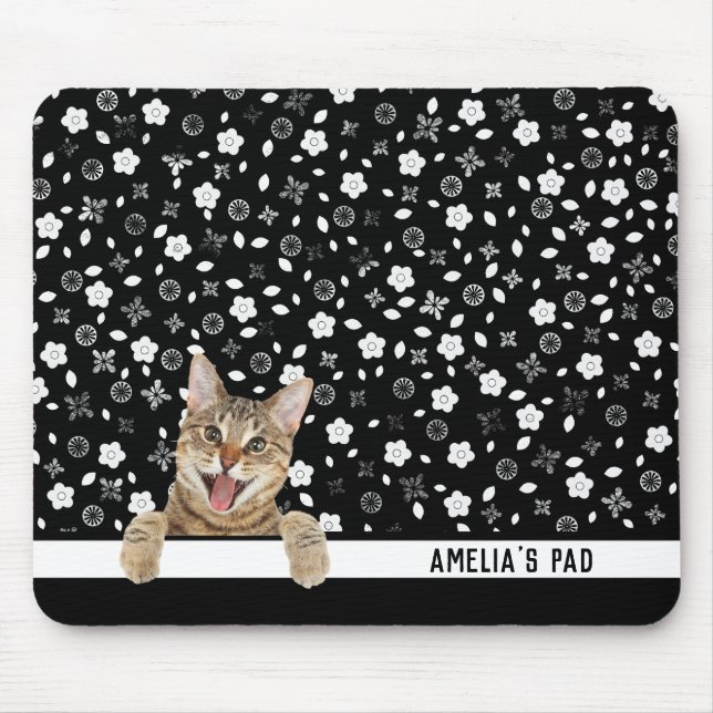 Tabby Cat on Black and White Floral Mouse Pad (Front)