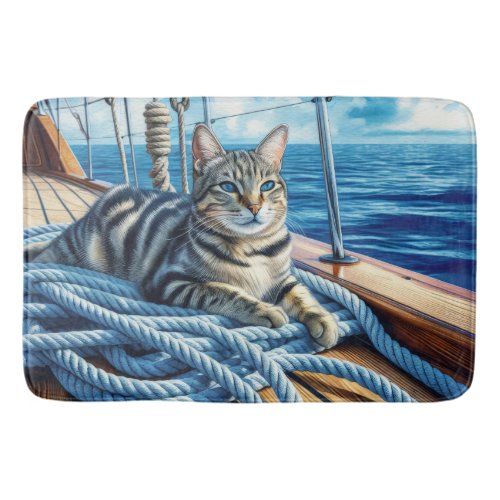Tabby Cat On Boat Ropes Bath Mat