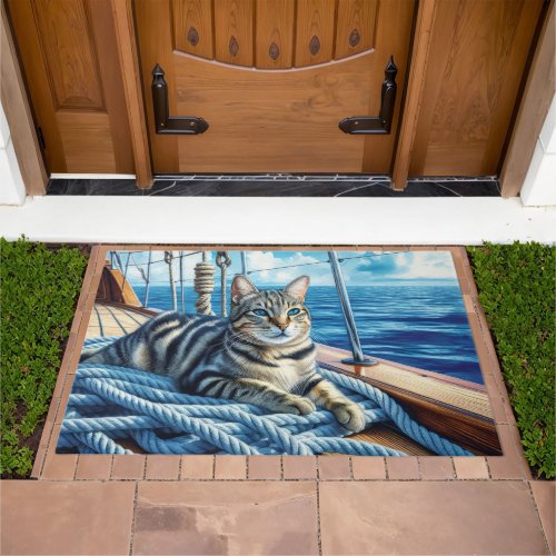 Tabby Cat On Boat Ropes Doormat