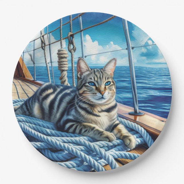 Tabby Cat On Boat Ropes Paper Plates (Front)