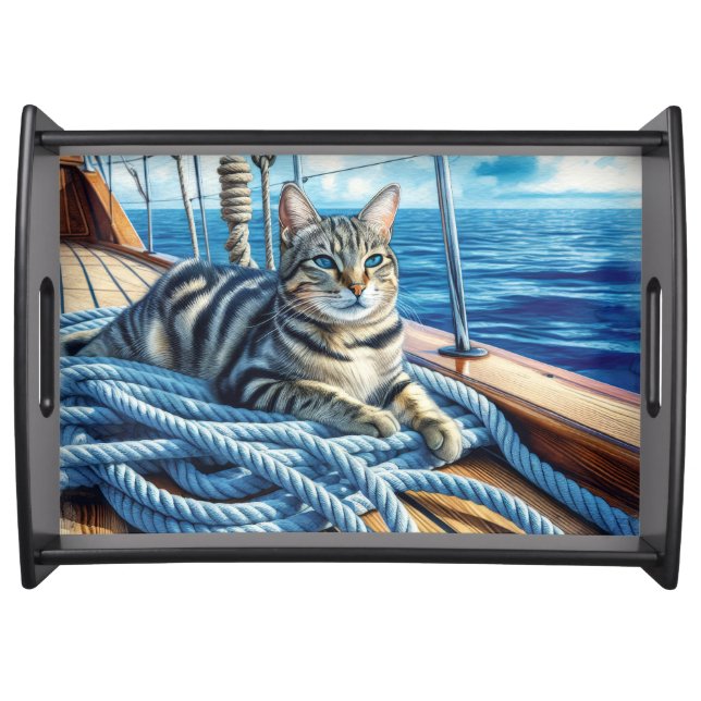 Tabby Cat On Boat Ropes Serving Tray (Front)