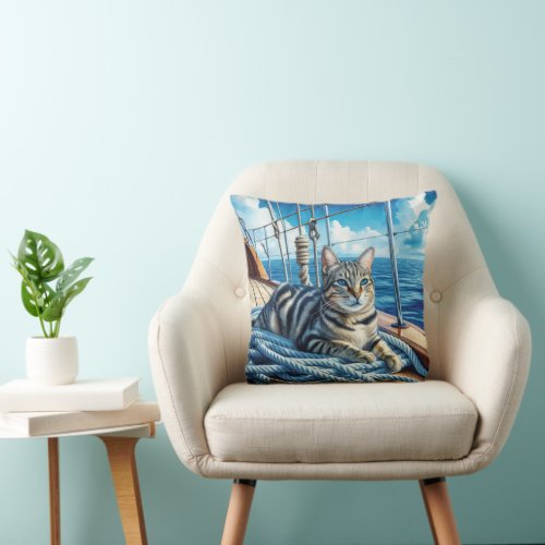 Tabby Cat On Boat Ropes Throw Pillow