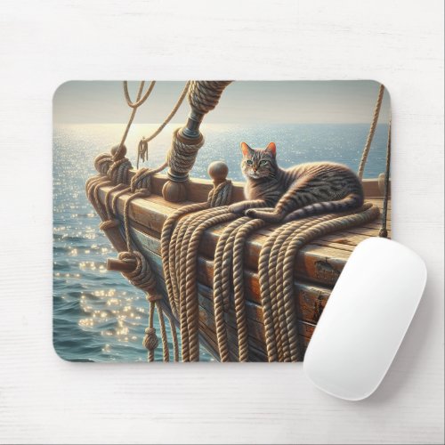 Tabby Cat On Nautical Ropes Mouse Pad