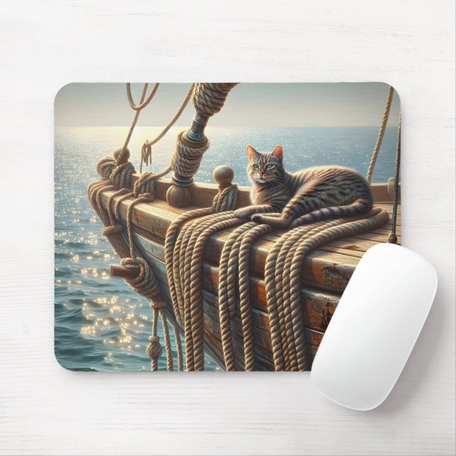 Tabby Cat On Nautical Ropes Mouse Pad (With Mouse)